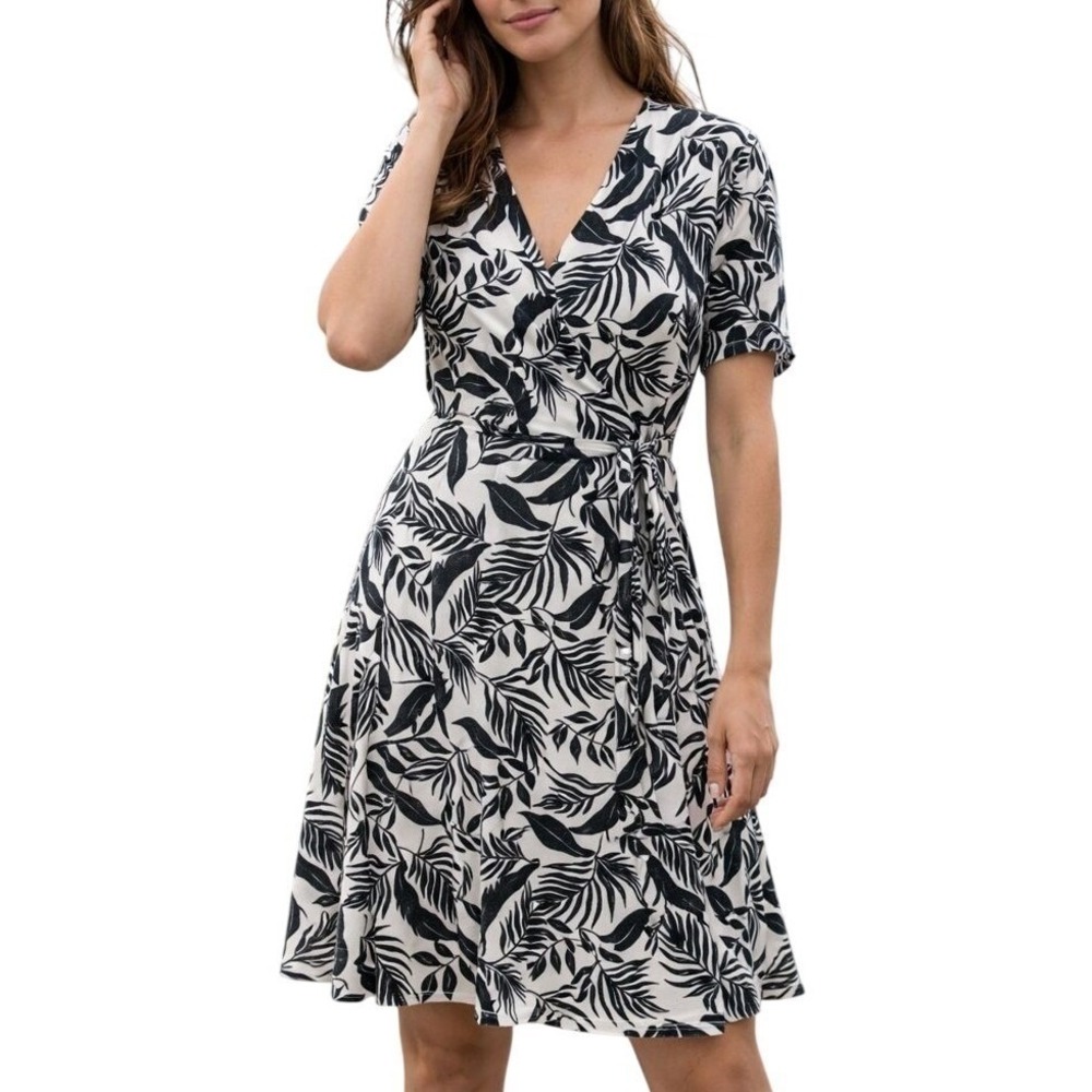 Boden Black White Leaf Print Wrap Dress 4R Jersey Cotton Tropical Summer Resort‎